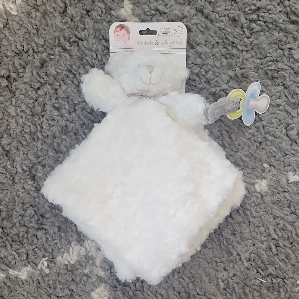 White Plush Bear Lovey and pacifier holder NEW